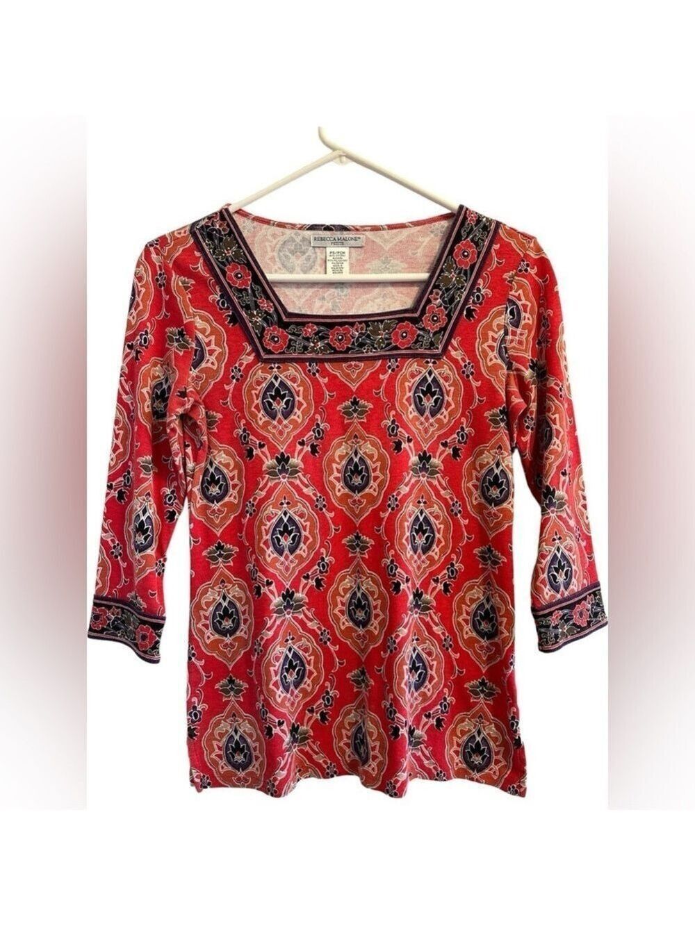 Rebecca Malone Petite S Floral Blouse Square Neckline W/ Sparkles Multicolor Red